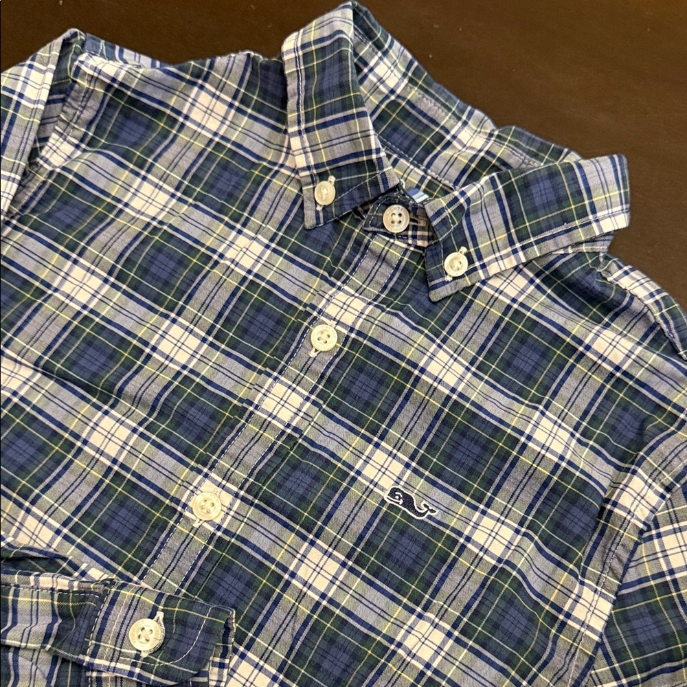 Vineyard Vines On The Go Performance Boys Size 6 Blue/Green Plaid Button Down